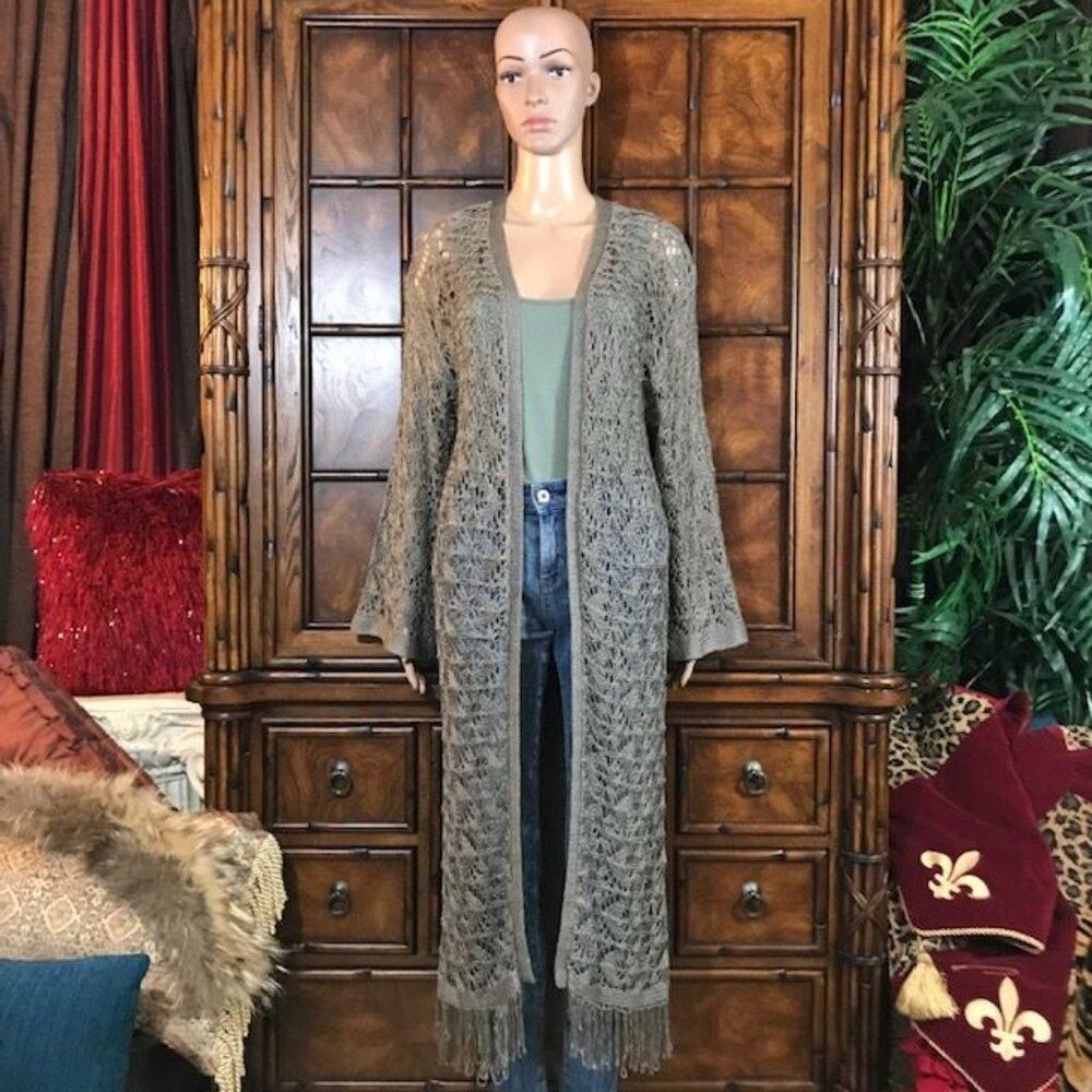 Curations Taupe Crochet Fringe Hem Duster Cardigan